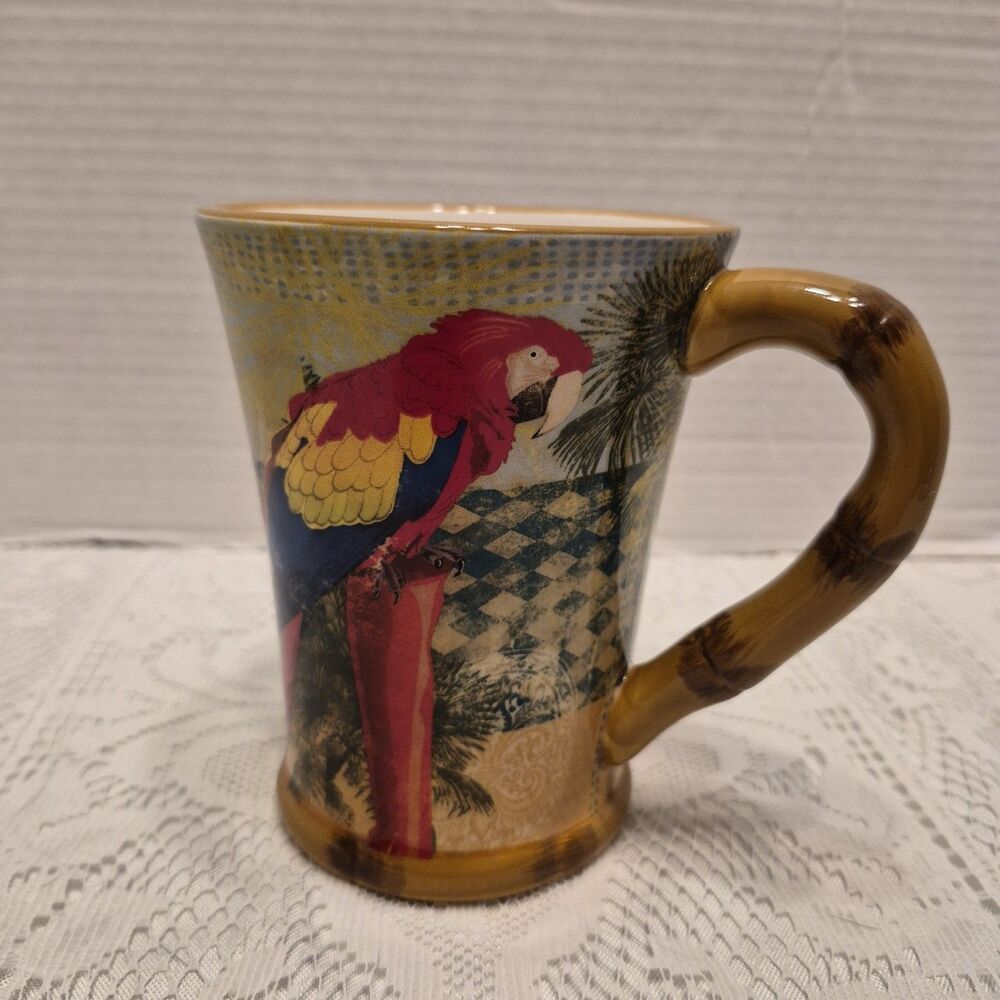 Cracker Barrel Tropical Colors Coffee Mug Cup Parrot Bamboo Style Handle
